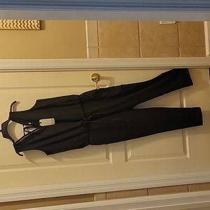 Sensemill black sleeveless stretch jumpsuit Vneck tie waist cut out trim…S New